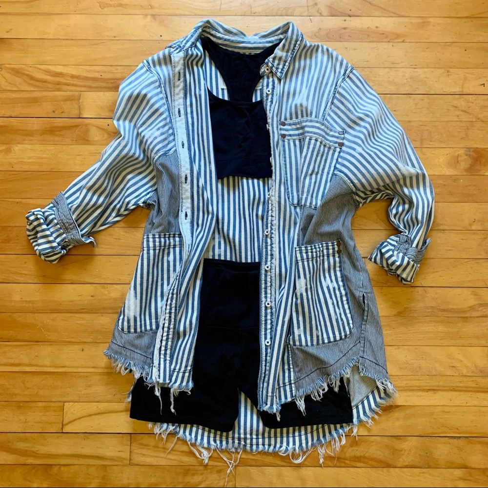 We The Free by Free People oversized distressed striped denim shirt/jacket